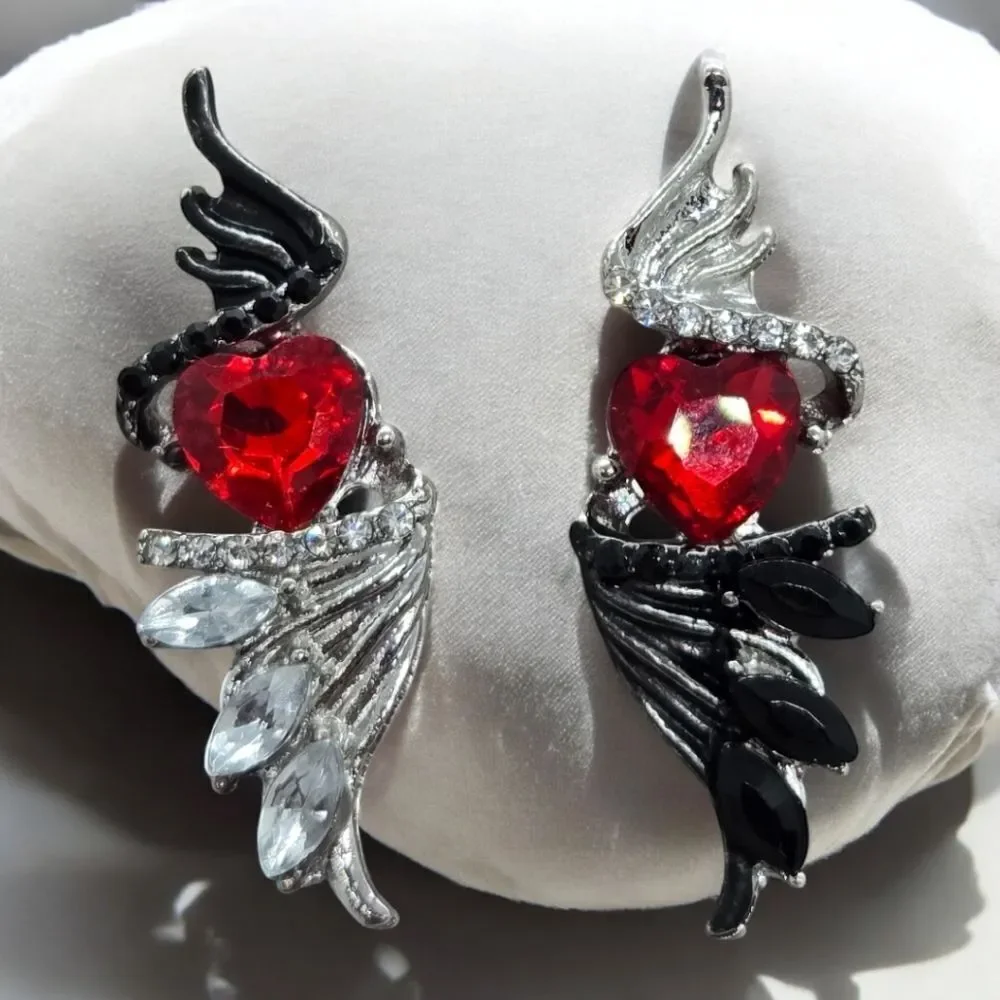 Gothic Winged Red Heart Earrings Silver Angel Wings Edgy Baddie Goth Jewelry NWT